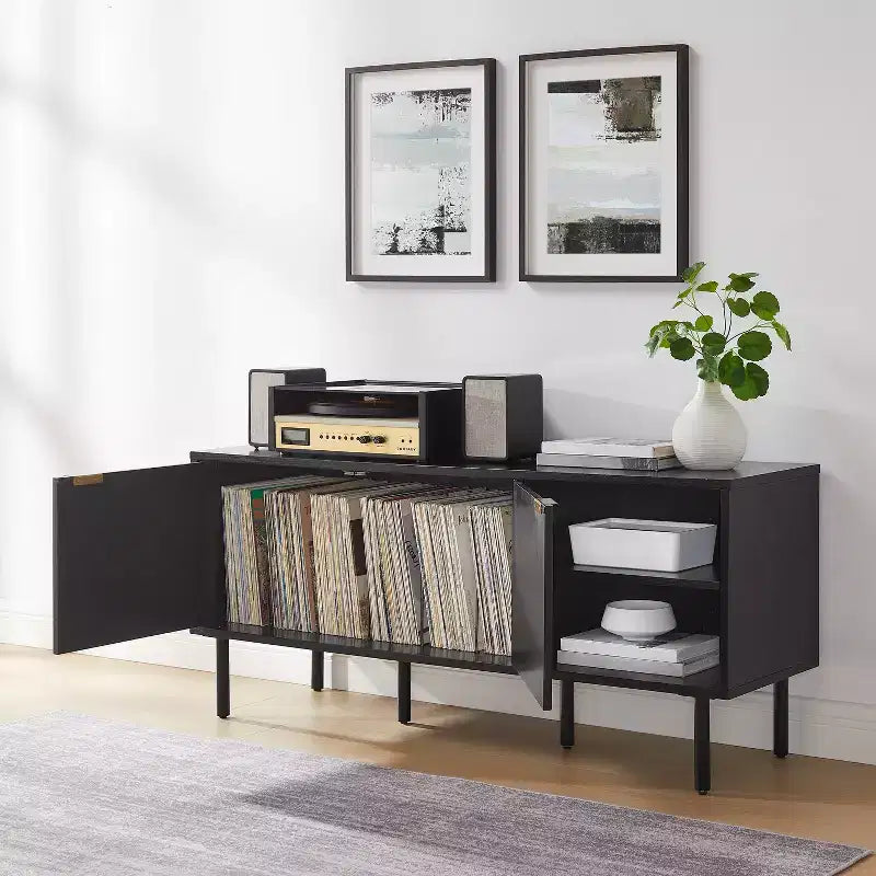 54" Record Storage Sideboard Black: Oak Wood Grain, Brass Handles, Cable Management