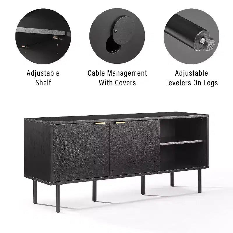 54" Record Storage Sideboard Black: Oak Wood Grain, Brass Handles, Cable Management