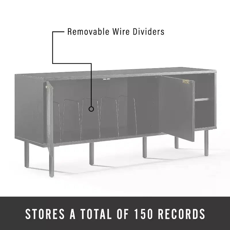 54" Record Storage Sideboard Black: Oak Wood Grain, Brass Handles, Cable Management
