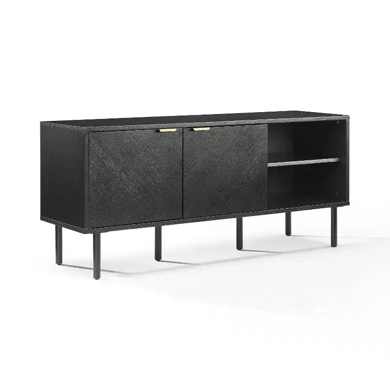 54" Record Storage Sideboard Black: Oak Wood Grain, Brass Handles, Cable Management
