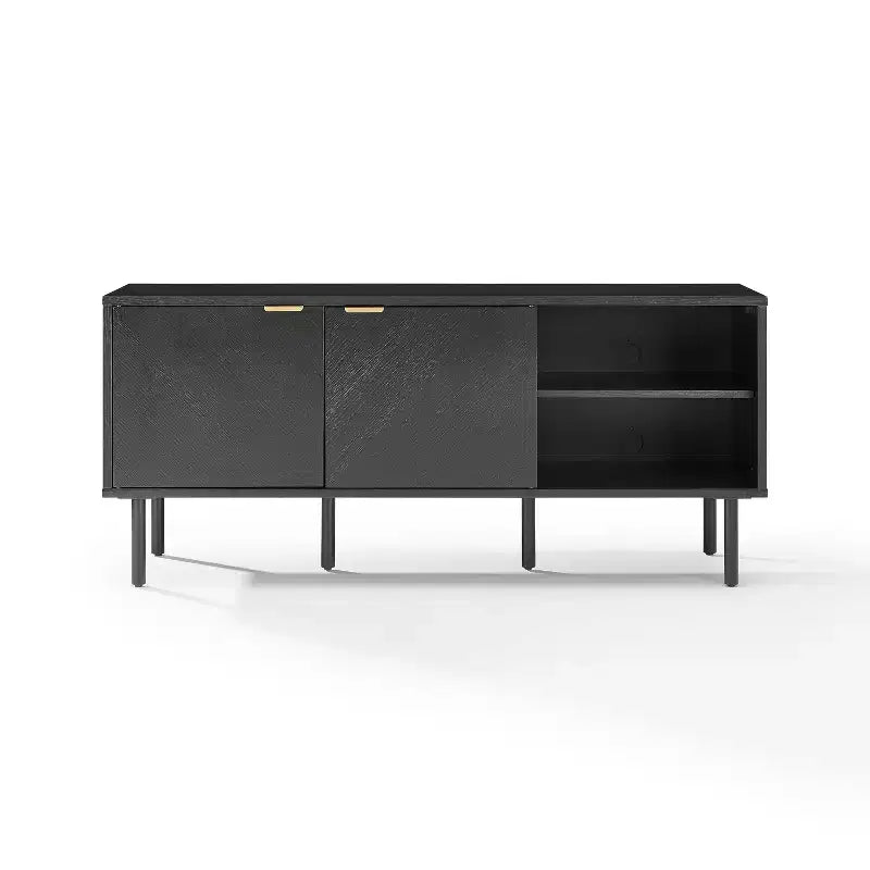 54" Record Storage Sideboard Black: Oak Wood Grain, Brass Handles, Cable Management