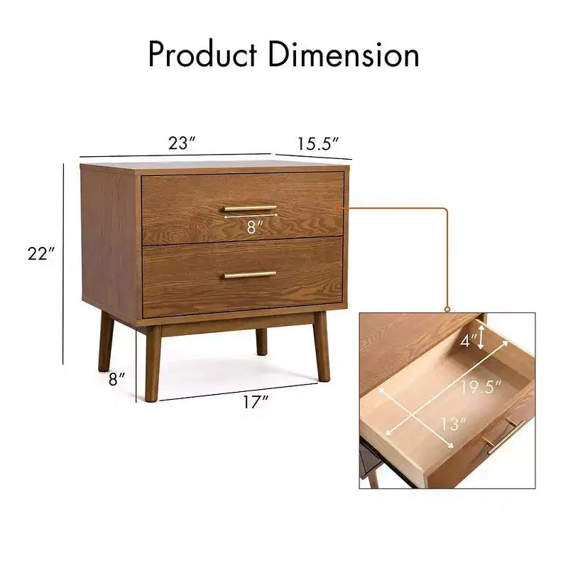 Mid-Century Modern 2 Drawer Nightstand Walnut
