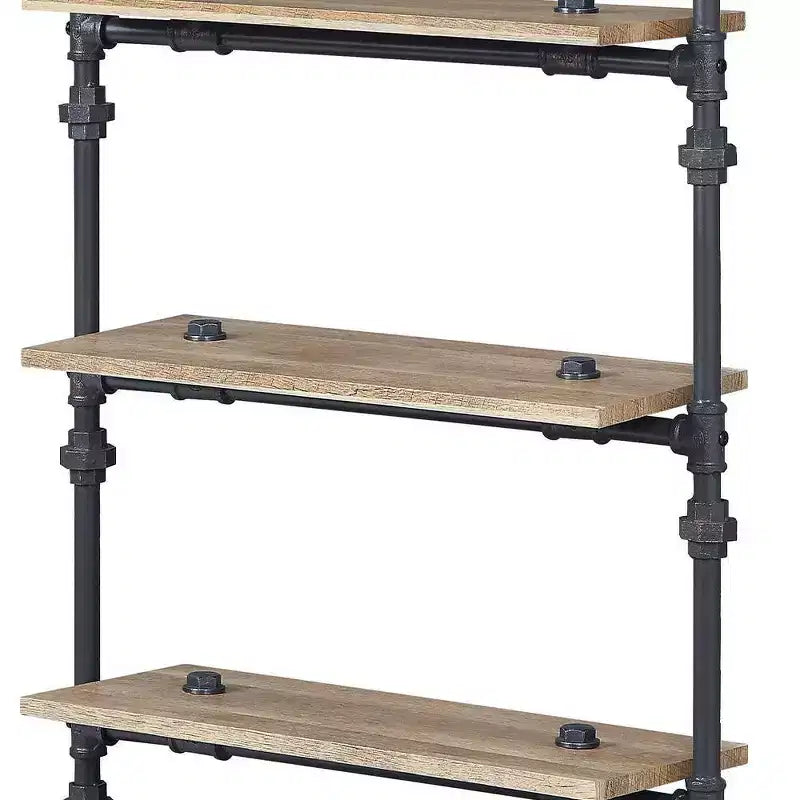 59" Decorative Bookshelf Oak and Sandy Black Finish: 5-Tier, Metal Frame, Open Shelving Unit, No Tools Assembly