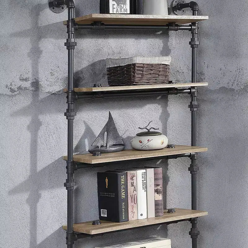59" Decorative Bookshelf Oak and Sandy Black Finish: 5-Tier, Metal Frame, Open Shelving Unit, No Tools Assembly