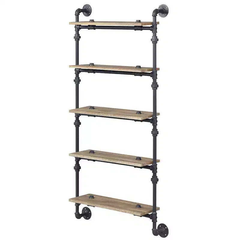 59" Decorative Bookshelf Oak and Sandy Black Finish: 5-Tier, Metal Frame, Open Shelving Unit, No Tools Assembly