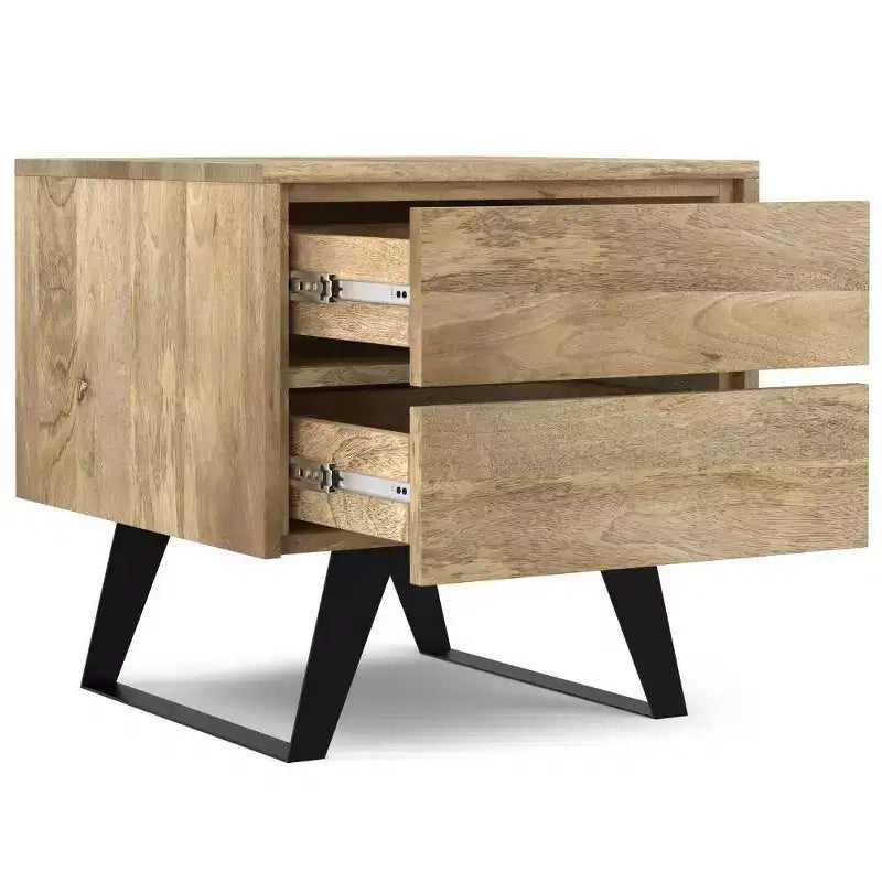 Natural Mango Wood Side Table with Industrial Metal Hardware and Storage Drawers