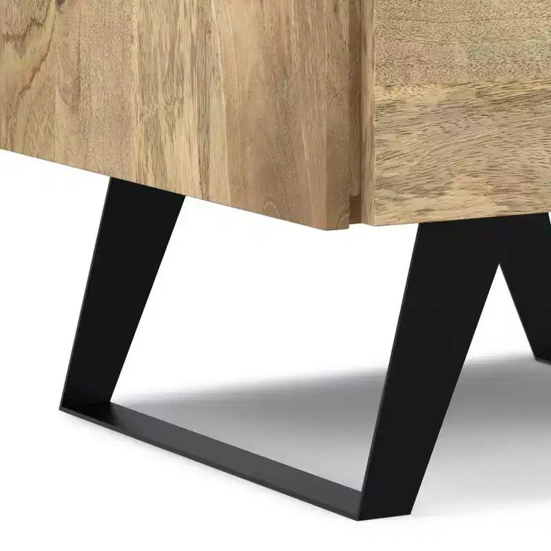 Natural Mango Wood Side Table with Industrial Metal Hardware and Storage Drawers