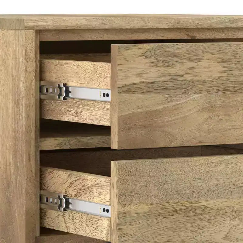 Natural Mango Wood Side Table with Industrial Metal Hardware and Storage Drawers