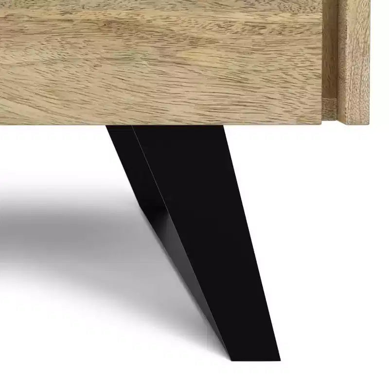 Natural Mango Wood Side Table with Industrial Metal Hardware and Storage Drawers