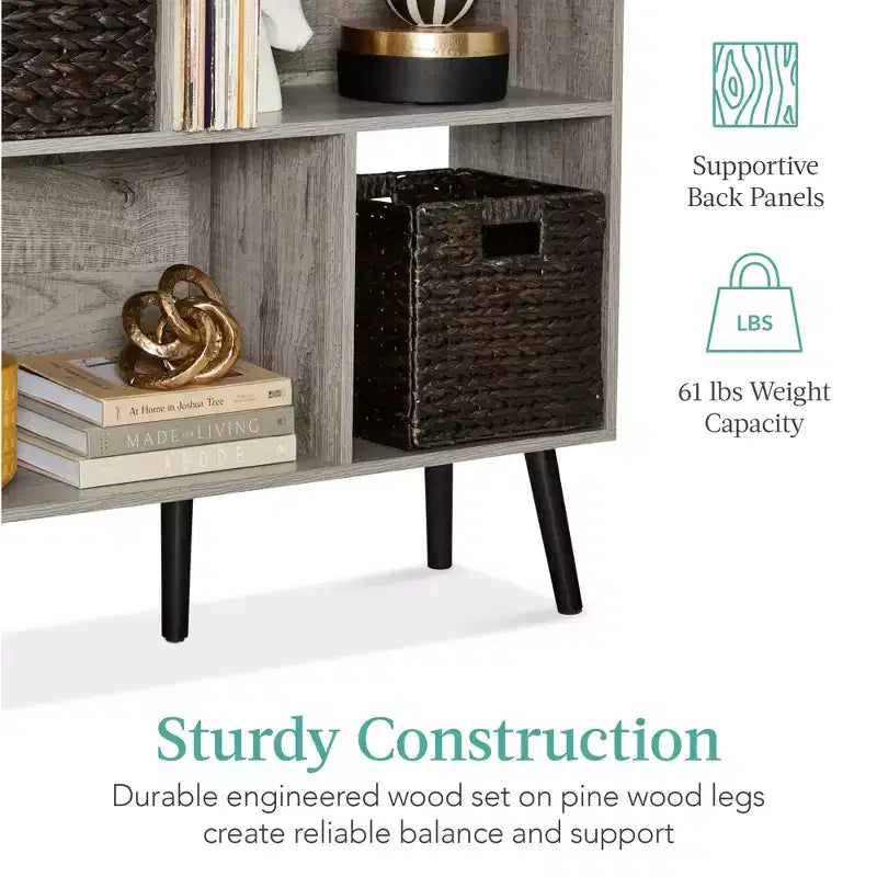 3-Tier Mid-Century Modern Wooden Bookcase with Removable Back Panels, Offset Pine Legs