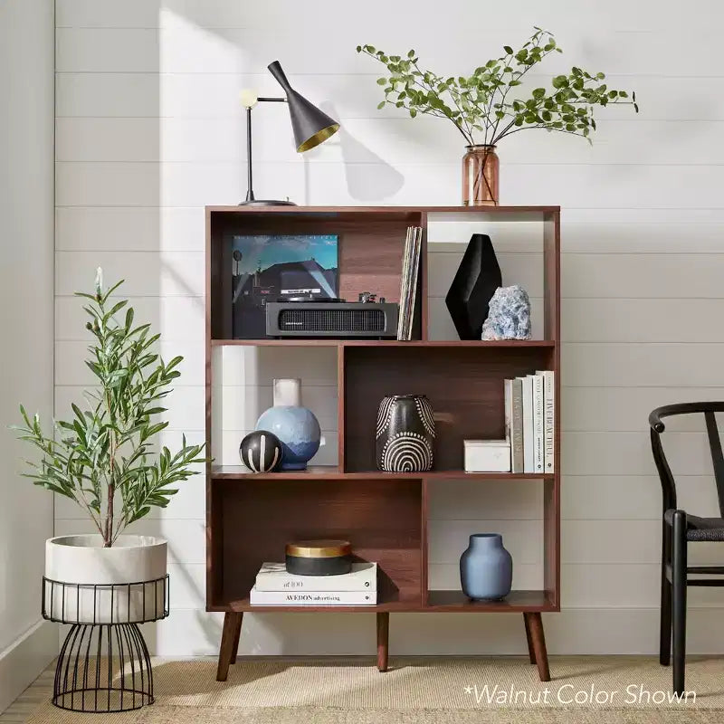 3-Tier Mid-Century Modern Wooden Bookcase with Removable Back Panels, Offset Pine Legs