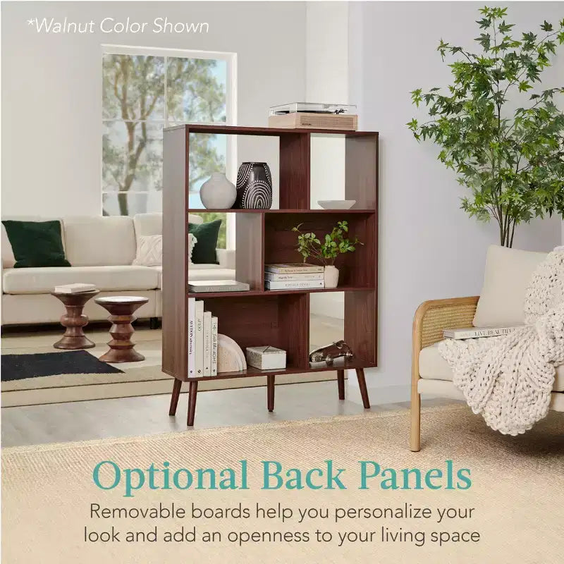 3-Tier Mid-Century Modern Wooden Bookcase with Removable Back Panels, Offset Pine Legs