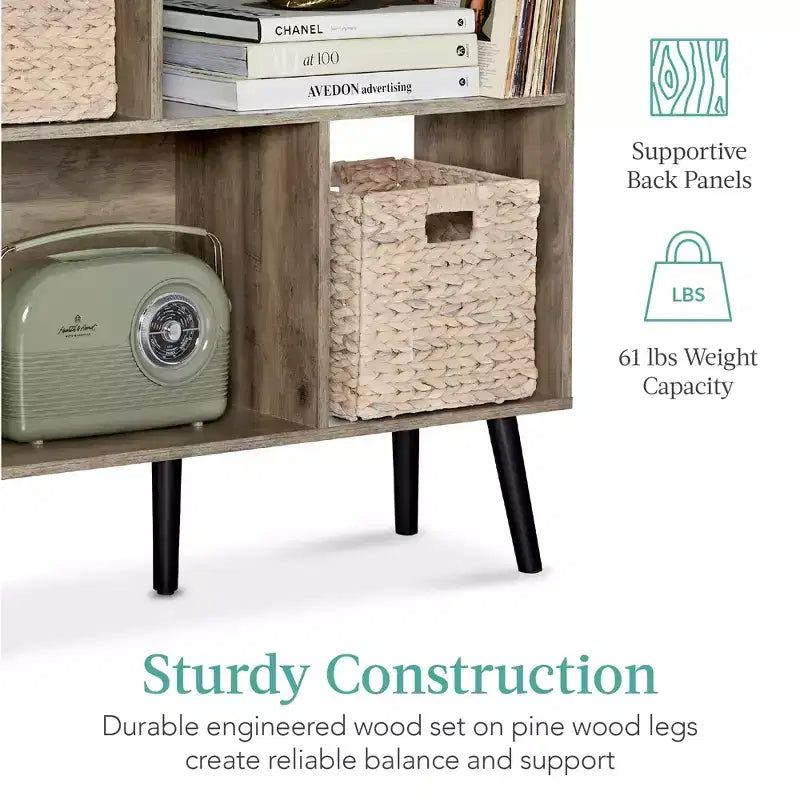 3-Tier Mid-Century Modern Wooden Bookcase with Removable Back Panels, Offset Pine Legs