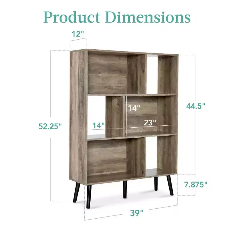 3-Tier Mid-Century Modern Wooden Bookcase with Removable Back Panels, Offset Pine Legs