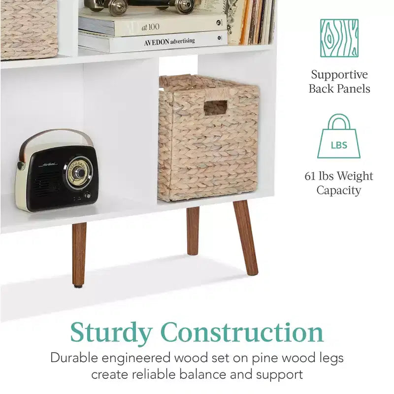 3-Tier Mid-Century Modern Wooden Bookcase with Removable Back Panels, Offset Pine Legs