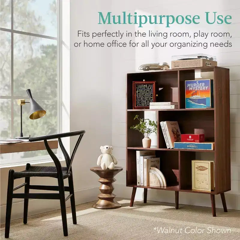 3-Tier Mid-Century Modern Wooden Bookcase with Removable Back Panels, Offset Pine Legs