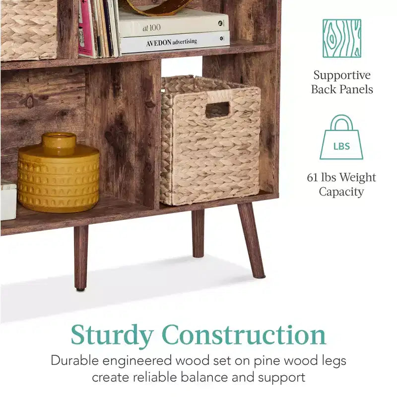 3-Tier Mid-Century Modern Wooden Bookcase with Removable Back Panels, Offset Pine Legs