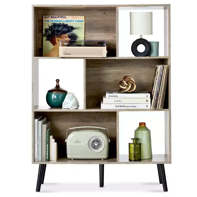 3-Tier Mid-Century Modern Wooden Bookcase with Removable Back Panels, Offset Pine Legs