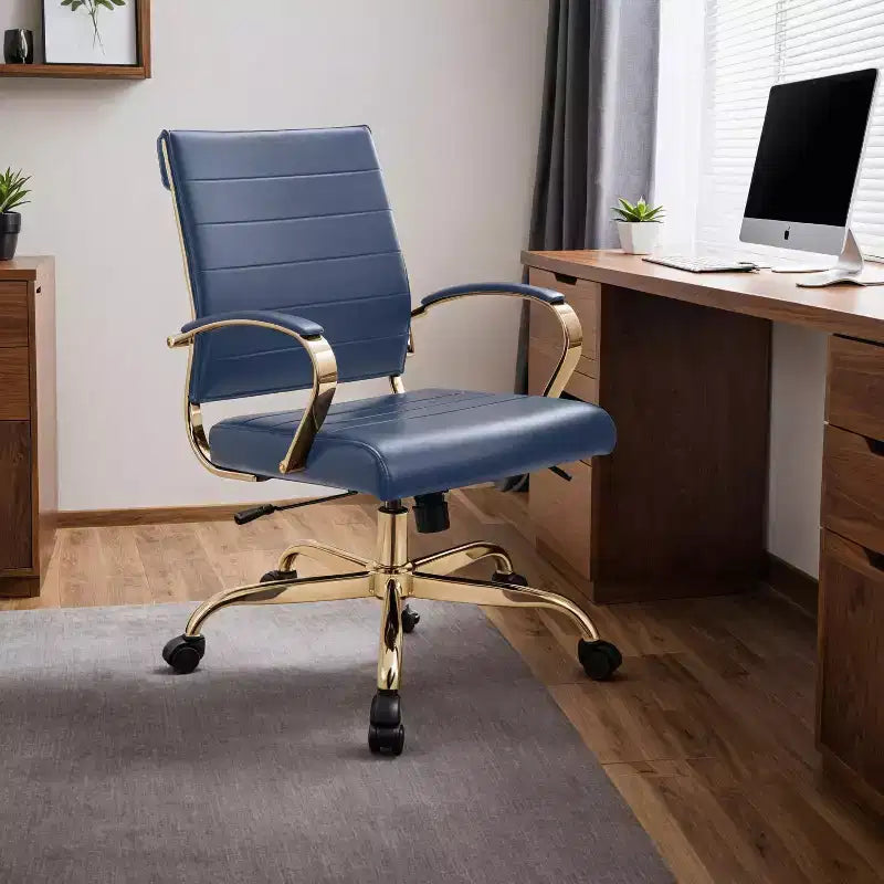Leather Office Chair with Gold Accents, Adjustable Height, Swivel Base, Ergonomic Design