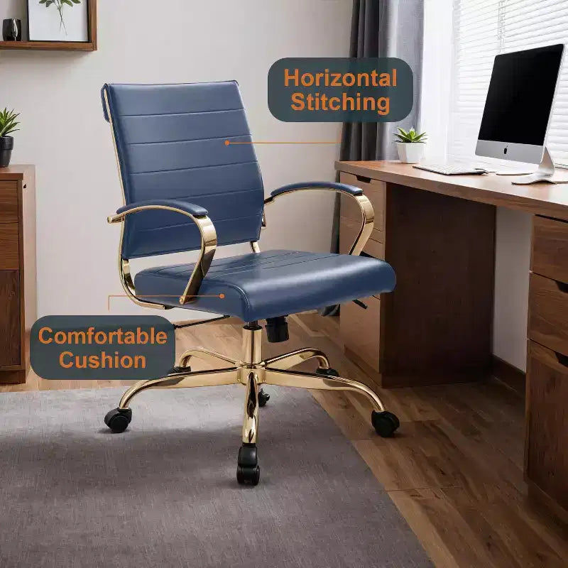 Leather Office Chair with Gold Accents, Adjustable Height, Swivel Base, Ergonomic Design