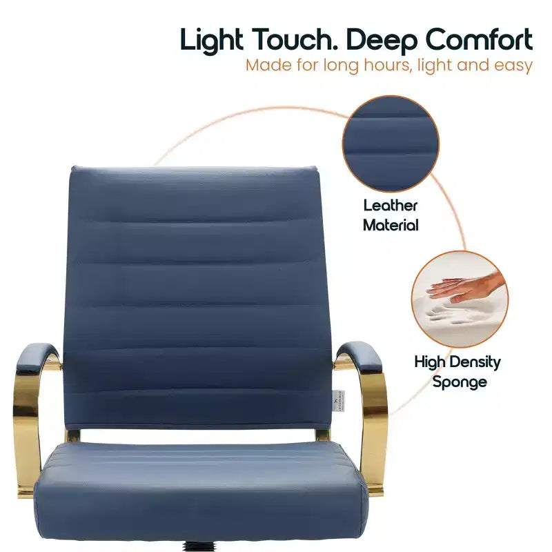 Leather Office Chair with Gold Accents, Adjustable Height, Swivel Base, Ergonomic Design