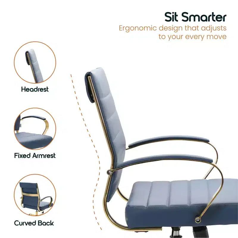 Leather Office Chair with Gold Accents, Adjustable Height, Swivel Base, Ergonomic Design