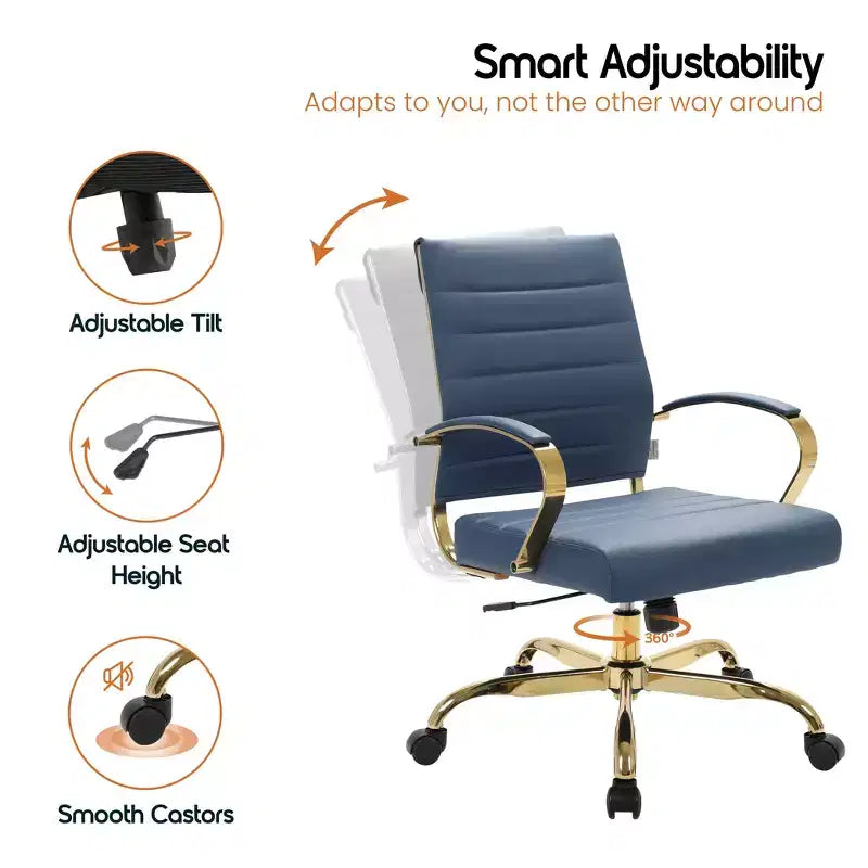 Leather Office Chair with Gold Accents, Adjustable Height, Swivel Base, Ergonomic Design