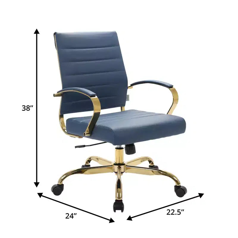 Leather Office Chair with Gold Accents, Adjustable Height, Swivel Base, Ergonomic Design