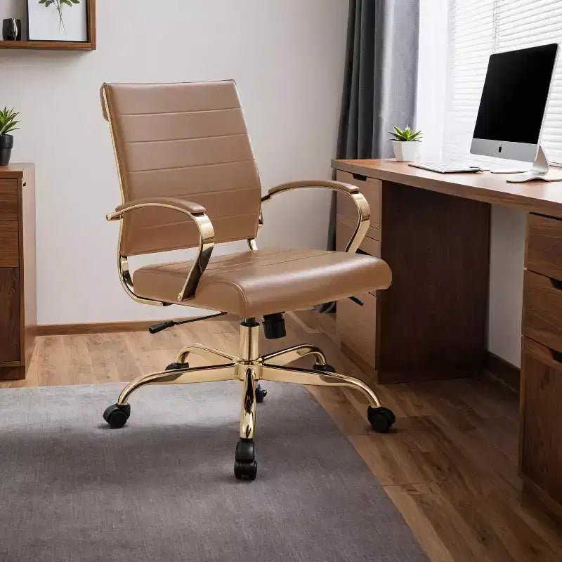 Leather Office Chair with Gold Accents, Adjustable Height, Swivel Base, Ergonomic Design