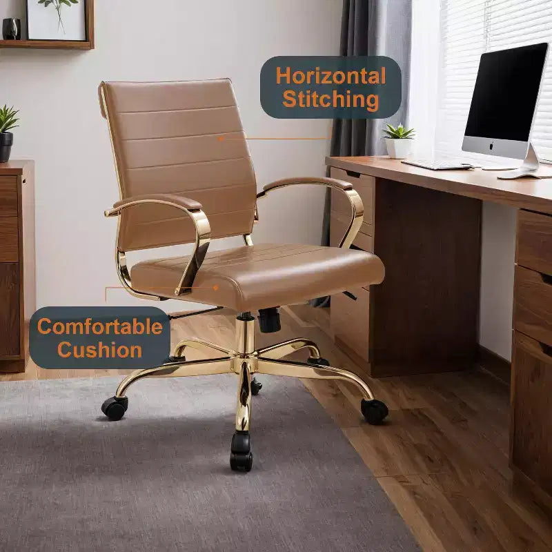 Leather Office Chair with Gold Accents, Adjustable Height, Swivel Base, Ergonomic Design