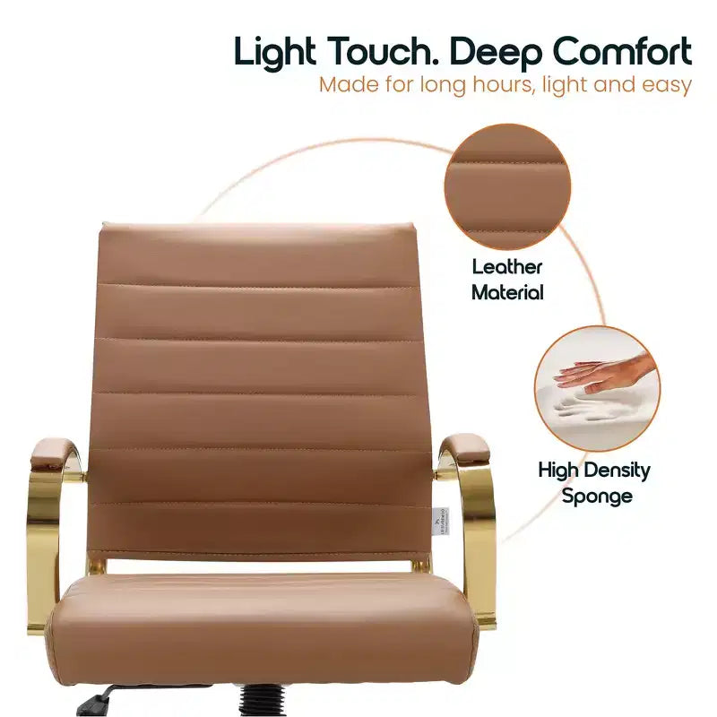 Leather Office Chair with Gold Accents, Adjustable Height, Swivel Base, Ergonomic Design