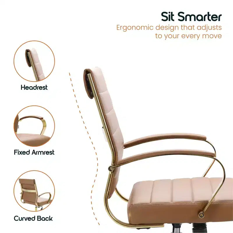 Leather Office Chair with Gold Accents, Adjustable Height, Swivel Base, Ergonomic Design