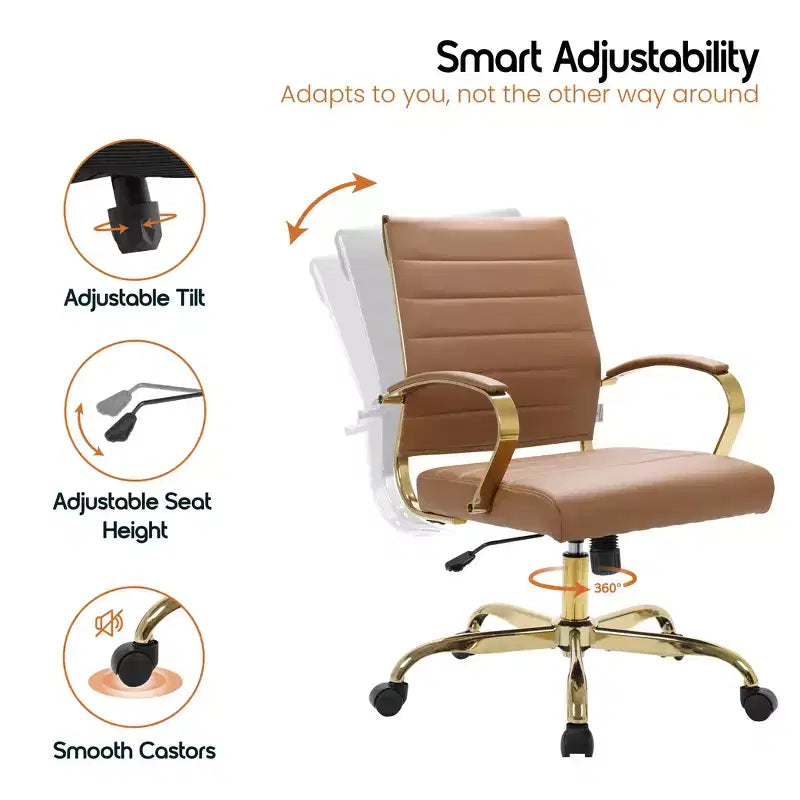 Leather Office Chair with Gold Accents, Adjustable Height, Swivel Base, Ergonomic Design