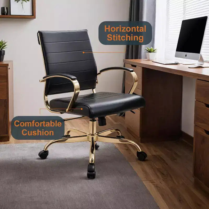 Leather Office Chair with Gold Accents, Adjustable Height, Swivel Base, Ergonomic Design