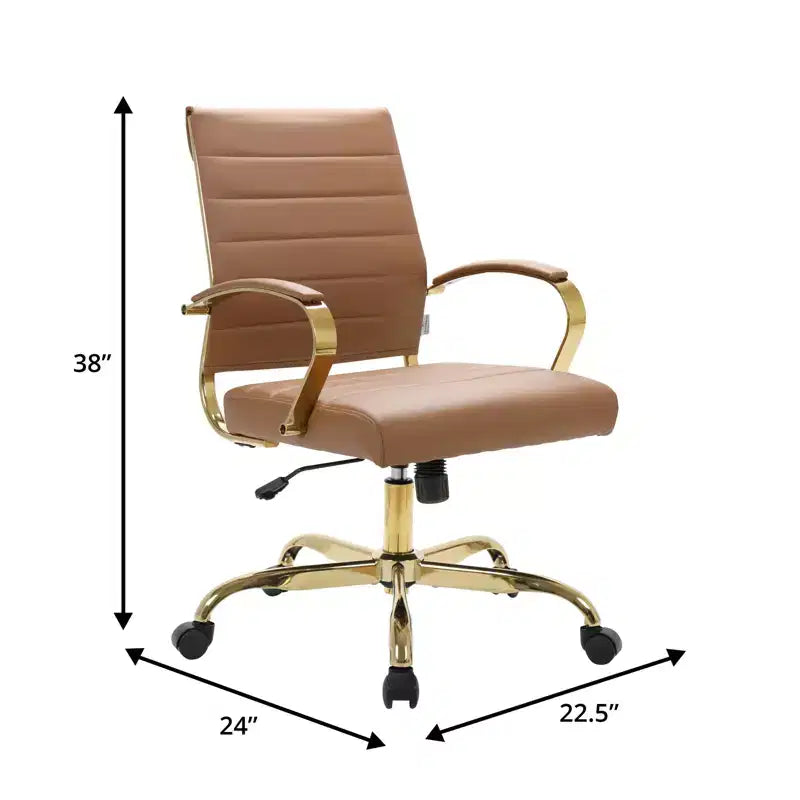 Leather Office Chair with Gold Accents, Adjustable Height, Swivel Base, Ergonomic Design