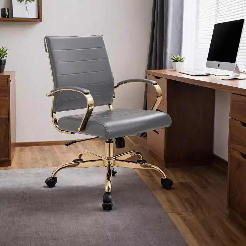 Leather Office Chair with Gold Accents, Adjustable Height, Swivel Base, Ergonomic Design
