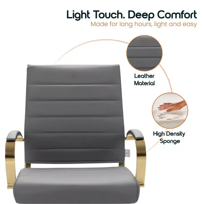 Leather Office Chair with Gold Accents, Adjustable Height, Swivel Base, Ergonomic Design