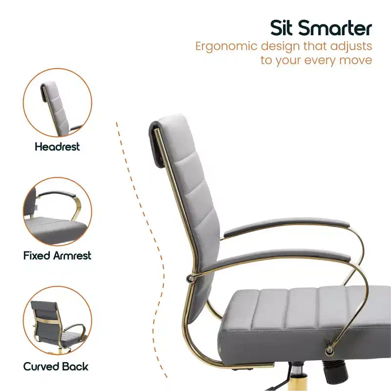 Leather Office Chair with Gold Accents, Adjustable Height, Swivel Base, Ergonomic Design