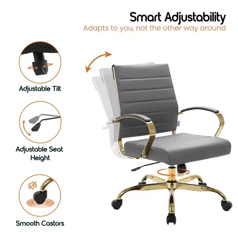 Leather Office Chair with Gold Accents, Adjustable Height, Swivel Base, Ergonomic Design