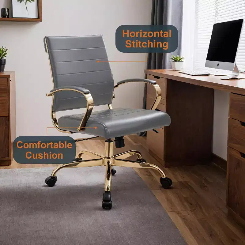 Leather Office Chair with Gold Accents, Adjustable Height, Swivel Base, Ergonomic Design