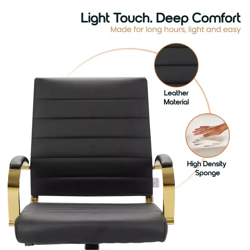 Leather Office Chair with Gold Accents, Adjustable Height, Swivel Base, Ergonomic Design