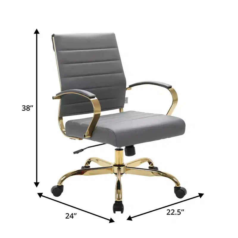 Leather Office Chair with Gold Accents, Adjustable Height, Swivel Base, Ergonomic Design