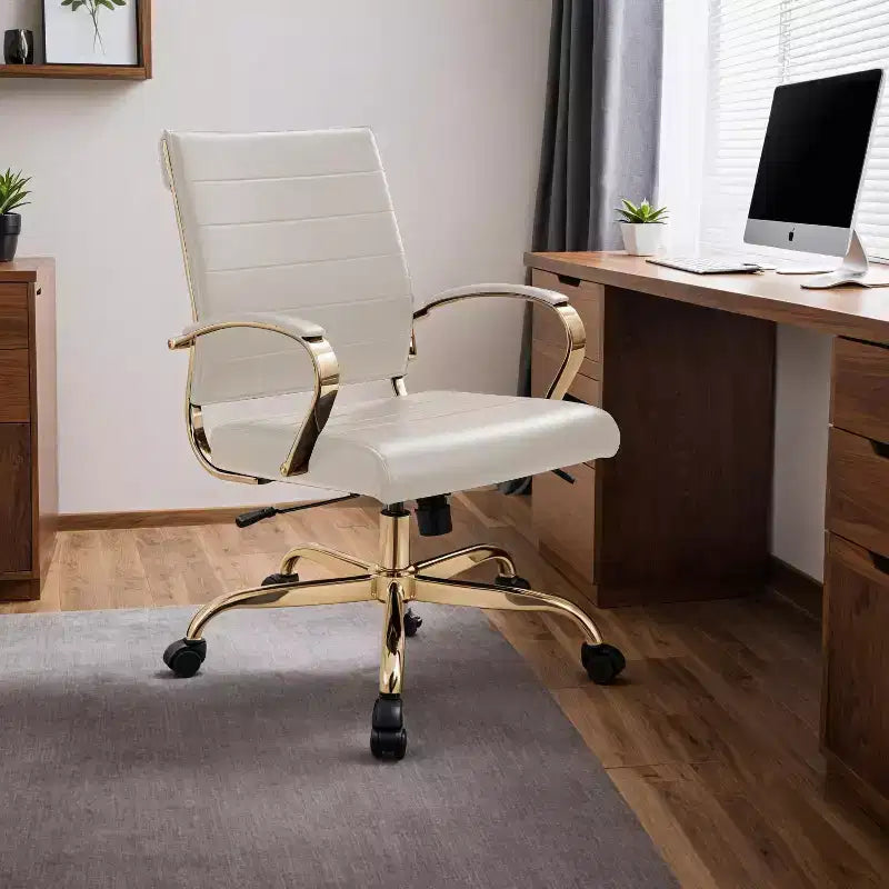Leather Office Chair with Gold Accents, Adjustable Height, Swivel Base, Ergonomic Design