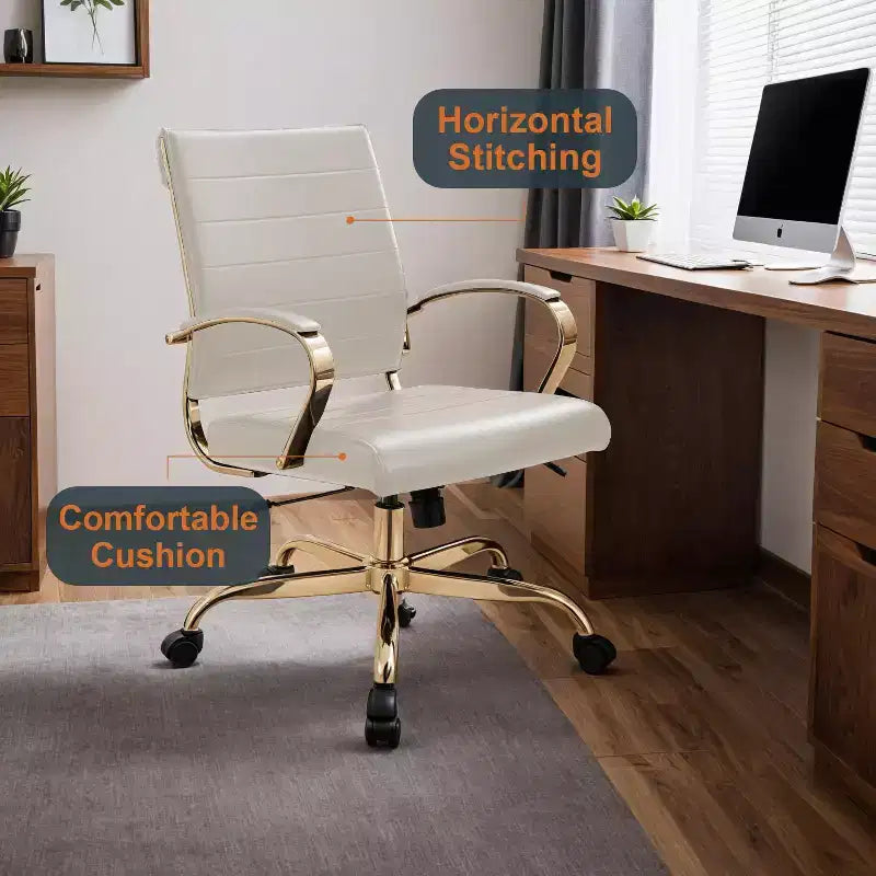 Leather Office Chair with Gold Accents, Adjustable Height, Swivel Base, Ergonomic Design