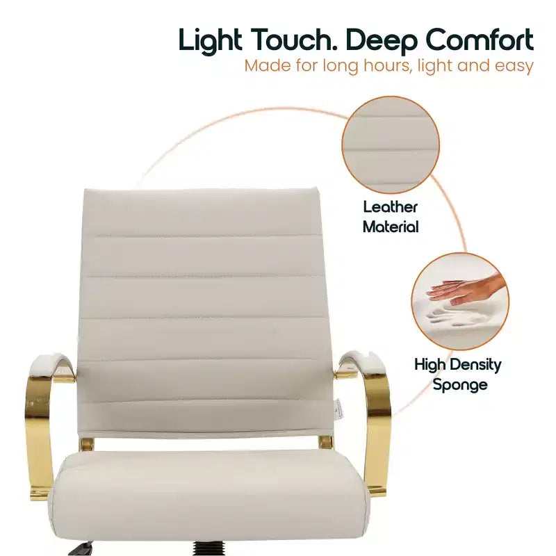 Leather Office Chair with Gold Accents, Adjustable Height, Swivel Base, Ergonomic Design