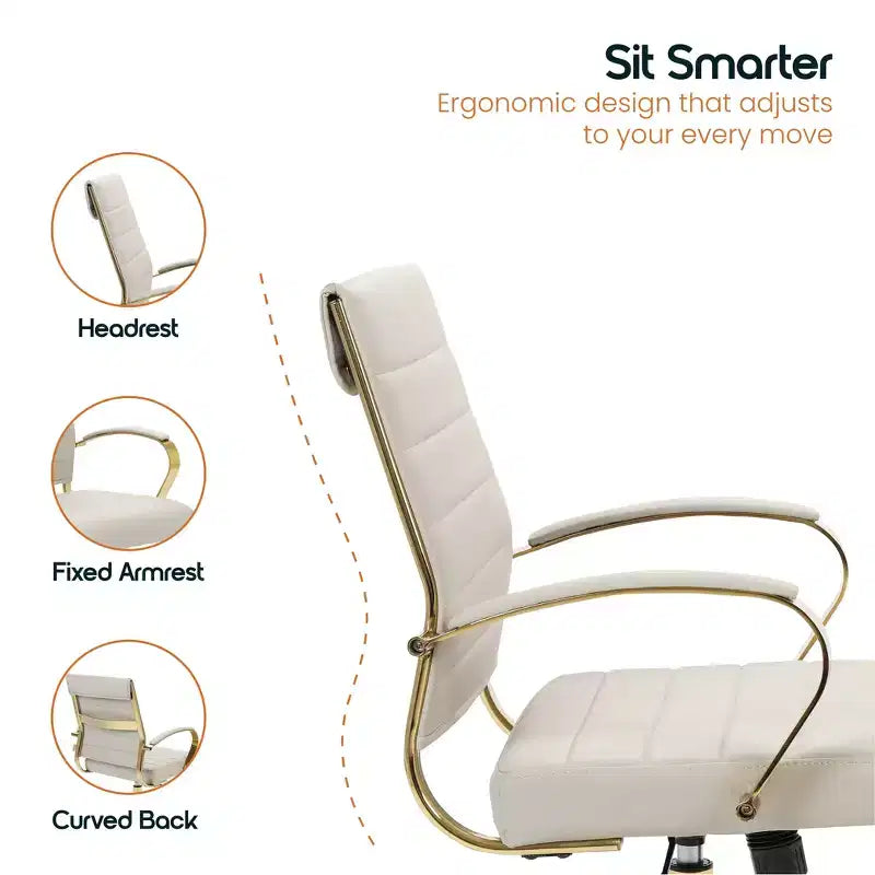 Leather Office Chair with Gold Accents, Adjustable Height, Swivel Base, Ergonomic Design