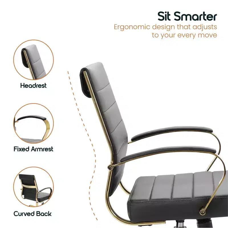 Leather Office Chair with Gold Accents, Adjustable Height, Swivel Base, Ergonomic Design