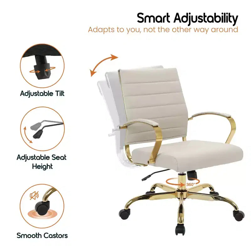 Leather Office Chair with Gold Accents, Adjustable Height, Swivel Base, Ergonomic Design