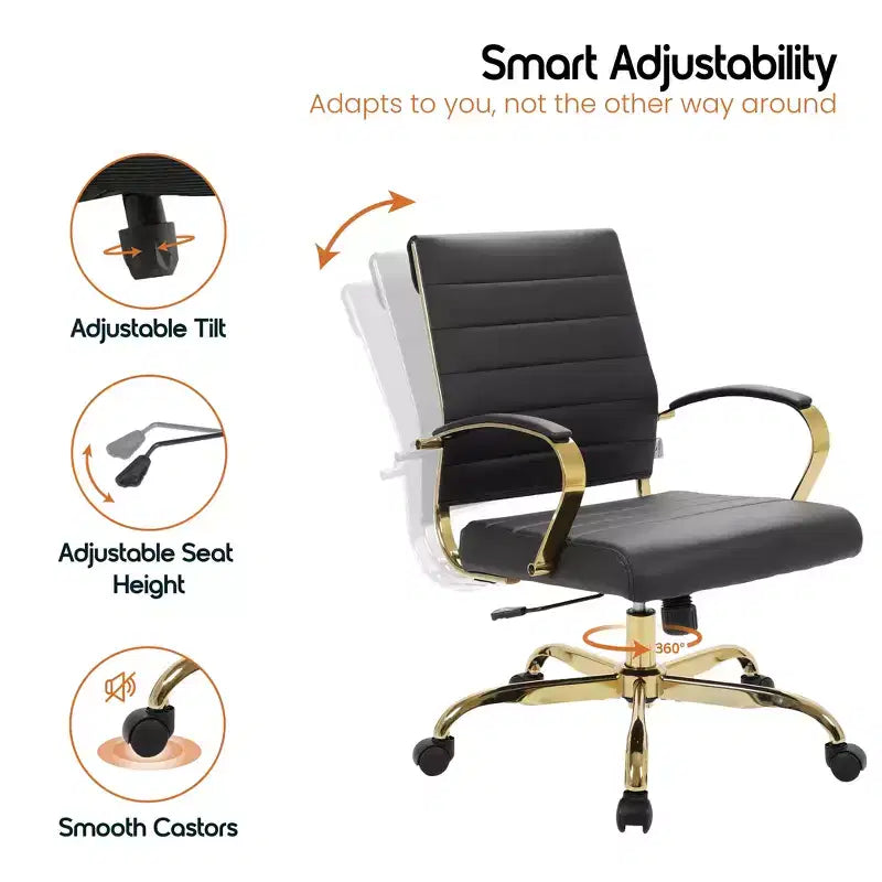 Leather Office Chair with Gold Accents, Adjustable Height, Swivel Base, Ergonomic Design