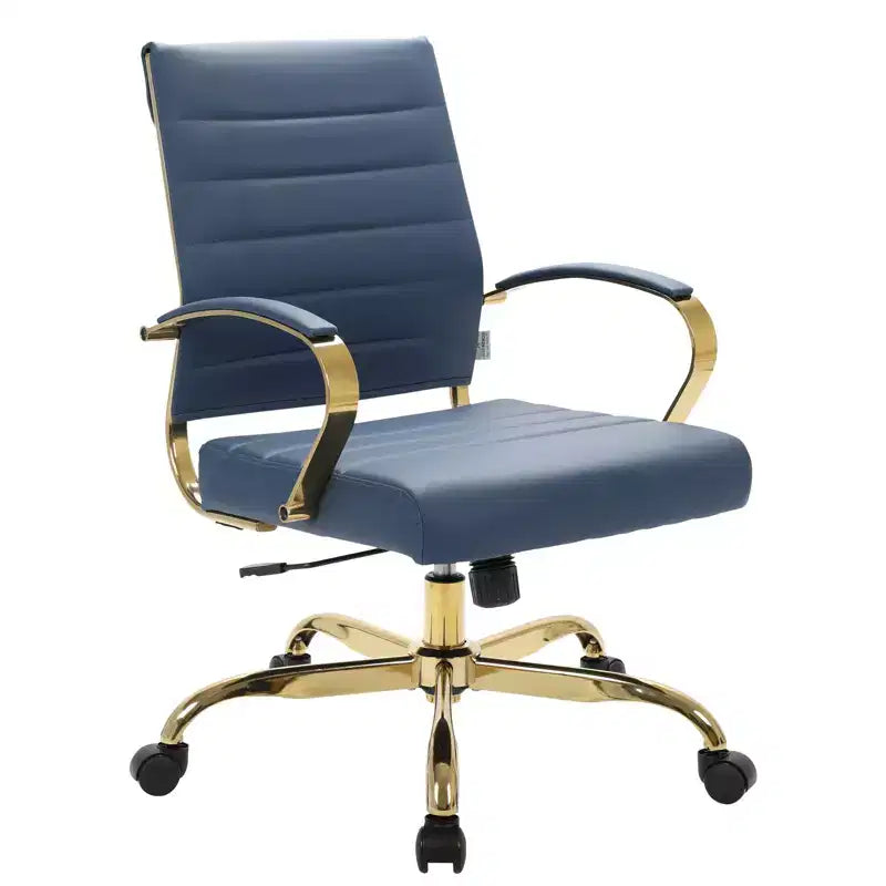 Leather Office Chair with Gold Accents, Adjustable Height, Swivel Base, Ergonomic Design